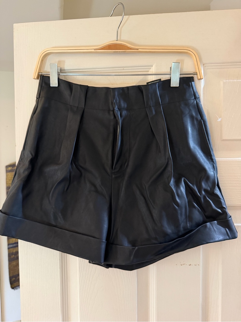 Blank NYC Black Faux Leather High-Waist Pleated Shorts